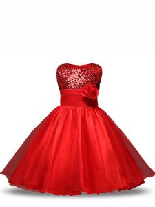 Scoop Sleeveless Little Girls Pageant Dress Wholesale Knee Length Sequins and Hand Made Flower Red Organza