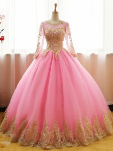 Pink Long Sleeves Appliques Floor Length Ball Gown Prom Dress