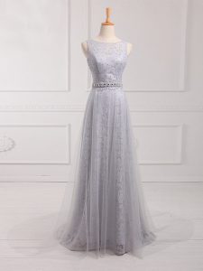 Grey Zipper Dama Dress for Quinceanera Beading and Lace Sleeveless Brush Train