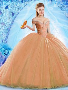 Orange Ball Gowns Organza Off The Shoulder Sleeveless Beading Lace Up Quinceanera Gown Brush Train