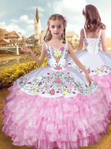 Rose Pink Organza and Taffeta Lace Up Kids Formal Wear Sleeveless Floor Length Embroidery and Ruffled Layers