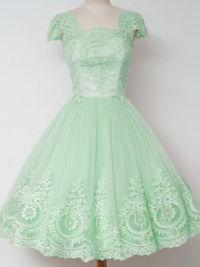 Trendy Square Cap Sleeves Quinceanera Court Dresses Knee Length Lace Apple Green Tulle