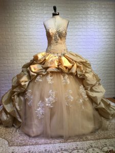 Sweetheart Sleeveless Taffeta and Tulle Ball Gown Prom Dress Beading and Appliques and Pick Ups Court Train Lace Up