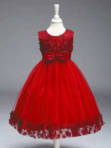 Wonderful Appliques and Bowknot Little Girl Pageant Dress Red Zipper Sleeveless Tea Length