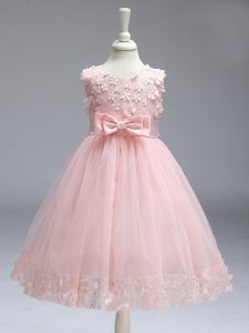 Baby Pink Zipper Kids Pageant Dress Lace and Bowknot Sleeveless Knee Length