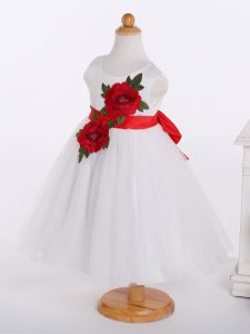 White Zipper Scoop Bowknot and Hand Made Flower Girls Pageant Dresses Tulle Sleeveless