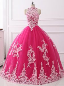 Hot Pink High-neck Neckline Lace Quinceanera Dresses Sleeveless Zipper