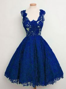 Royal Blue Sleeveless Lace Knee Length Quinceanera Court Dresses