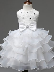 Inexpensive Ball Gowns Little Girl Pageant Dress White Scoop Organza Sleeveless Knee Length Zipper