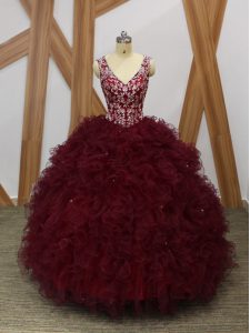 Latest Beading and Ruffles Quinceanera Gowns Burgundy Backless Sleeveless Floor Length