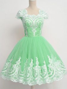 Beauteous Cap Sleeves Knee Length Lace Zipper Vestidos de Damas with Apple Green