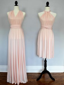 Baby Pink and Peach Chiffon Lace Up Dama Dress Sleeveless Floor Length Ruching