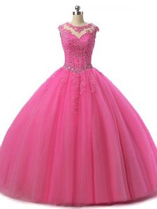 Hot Pink Tulle Lace Up Scoop Sleeveless Floor Length Quinceanera Gown Beading and Lace