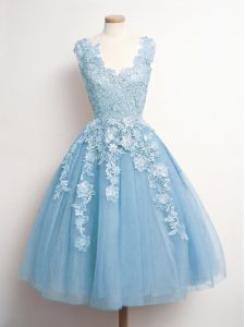 Knee Length A-line Sleeveless Light Blue Quinceanera Court of Honor Dress Lace Up