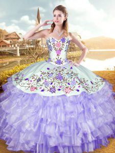 Adorable Lavender Ball Gowns Embroidery and Ruffled Layers 15 Quinceanera Dress Lace Up Organza and Taffeta Sleeveless Floor Length