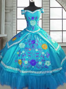 Teal Taffeta Lace Up Sweetheart Short Sleeves Floor Length Sweet 16 Quinceanera Dress Beading and Embroidery