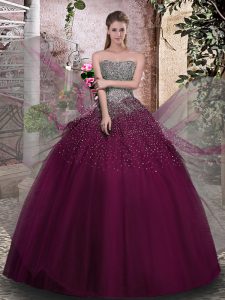 Strapless Sleeveless Quinceanera Gown Floor Length Beading Purple Tulle