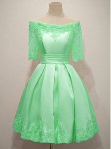 Cute A-line Damas Dress Apple Green Off The Shoulder Taffeta Half Sleeves Knee Length Lace Up