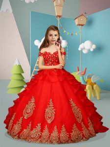 Ball Gowns Kids Pageant Dress Red Off The Shoulder Tulle Sleeveless Floor Length Lace Up