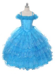 Floor Length Baby Blue Kids Formal Wear Off The Shoulder Sleeveless Lace Up