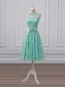 Sleeveless Lace Knee Length Lace Up Damas Dress in Apple Green with Lace and Bowknot