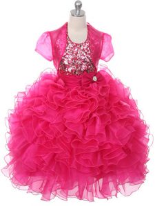 Pretty Hot Pink Lace Up Scoop Ruffles and Sequins and Bowknot Girls Pageant Dresses Organza Sleeveless