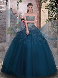 Adorable Sleeveless Tulle Floor Length Lace Up Sweet 16 Dress in Teal with Beading