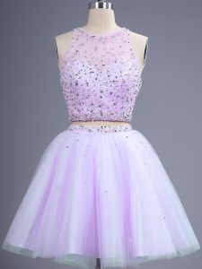 Glorious Beading Quinceanera Dama Dress Lavender Lace Up Sleeveless Knee Length