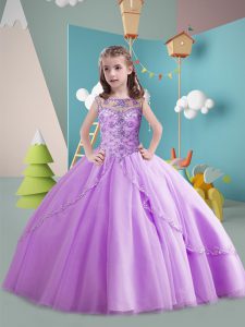 Lavender Sleeveless Tulle Brush Train Lace Up Girls Pageant Dresses for Party and Wedding Party