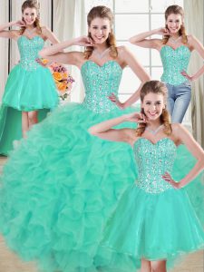 Turquoise Lace Up Sweetheart Beading and Ruffled Layers Ball Gown Prom Dress Organza Sleeveless Brush Train