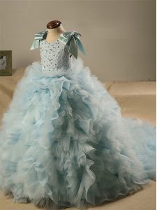 Scoop Sleeveless Kids Pageant Dress Brush Train Beading and Ruffles and Bowknot Light Blue Tulle