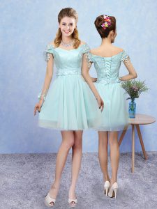 Aqua Blue Short Sleeves Lace Mini Length Court Dresses for Sweet 16