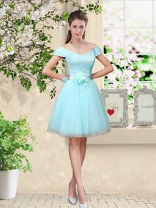 Nice Aqua Blue Tulle Lace Up Quinceanera Court of Honor Dress Cap Sleeves Knee Length Lace and Belt