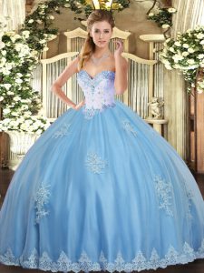 Elegant Aqua Blue Ball Gowns Sweetheart Sleeveless Tulle Floor Length Lace Up Beading and Appliques 15 Quinceanera Dress