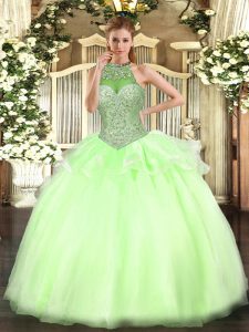 Floor Length Lace Up Quinceanera Dress Yellow Green for Military Ball and Sweet 16 and Quinceanera with Beading