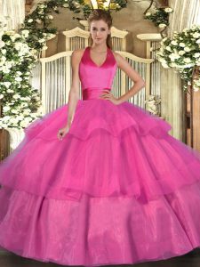 Fuchsia Lace Up Halter Top Ruffled Layers 15 Quinceanera Dress Tulle Sleeveless