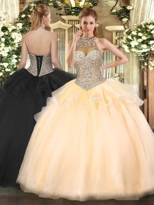 Stunning Floor Length Peach 15 Quinceanera Dress Tulle Sleeveless Beading