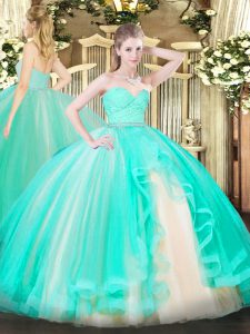 Apple Green Sleeveless Beading and Lace and Ruffles Floor Length Quince Ball Gowns