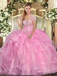 Excellent Rose Pink Ball Gowns Strapless Sleeveless Organza Floor Length Lace Up Appliques and Ruffles Sweet 16 Dresses