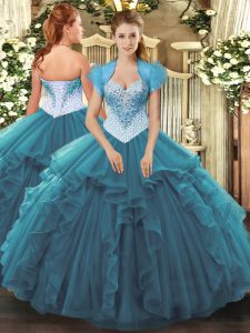 Romantic Tulle Sweetheart Sleeveless Lace Up Beading and Ruffles Sweet 16 Quinceanera Dress in Teal