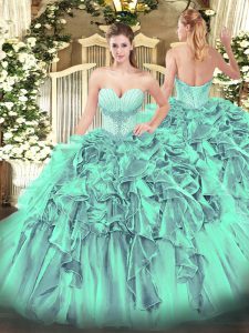 Floor Length Lace Up 15th Birthday Dress Turquoise for Military Ball and Sweet 16 and Quinceanera with Beading and Ruffles