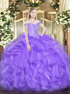 Ball Gowns Quince Ball Gowns Lavender Off The Shoulder Organza Sleeveless Floor Length Lace Up