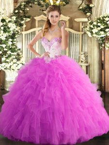 Rose Pink Sleeveless Beading and Ruffles Floor Length Quinceanera Dress