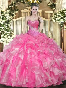 Hot Pink Lace Up Quinceanera Dresses Beading and Ruffles Sleeveless Floor Length