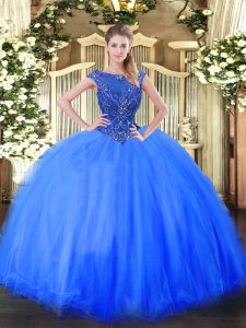 Beading Sweet 16 Dresses Blue Zipper Cap Sleeves Floor Length