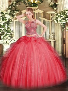 Super Sleeveless Tulle Floor Length Lace Up Vestidos de Quinceanera in Coral Red with Beading and Ruffles