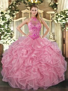 Baby Pink Lace Up Halter Top Embroidery and Ruffles Quinceanera Gowns Organza Sleeveless