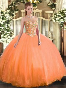 Super Orange Quinceanera Gowns Military Ball and Sweet 16 and Quinceanera with Embroidery Sweetheart Sleeveless Lace Up