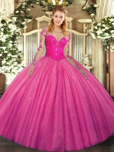 Fantastic Lace Quinceanera Dress Hot Pink Lace Up Long Sleeves Floor Length