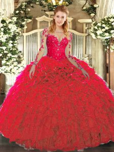 Modern Sleeveless Organza Floor Length Lace Up Quince Ball Gowns in Red with Lace and Ruffles